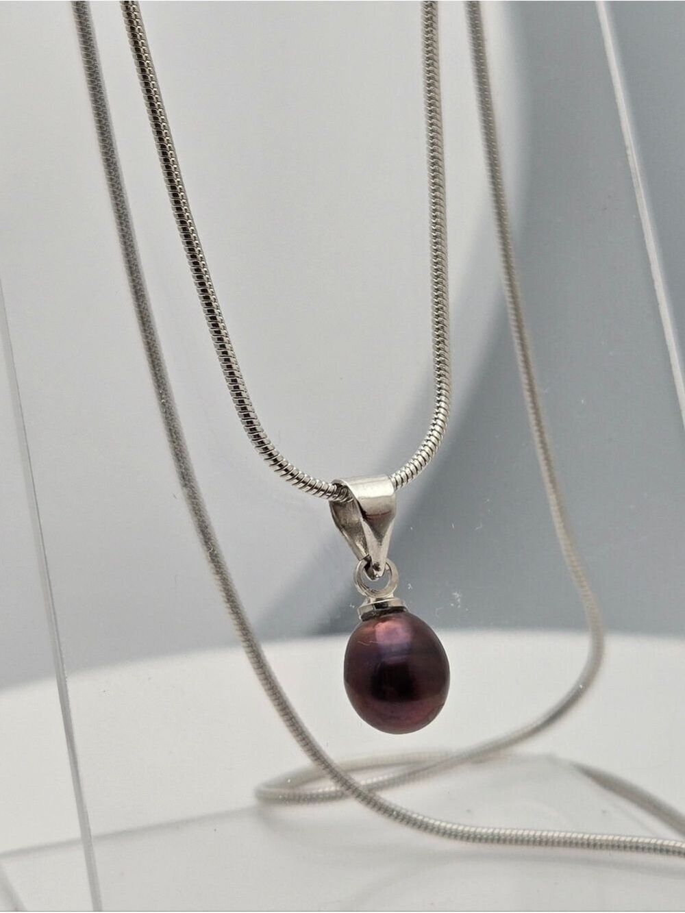 Black Real Pearl Necklace Silver Plated Snake Chain Tahitian Black Freshwater